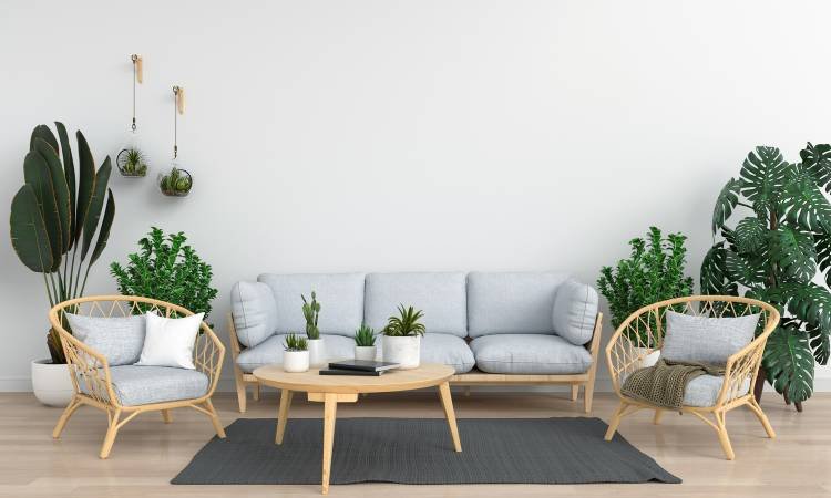 sala clara com parede branca, mesa de centro e cadeiras em madeira clara e almofadas acinzentadas. Plantas em vasos no chão e sobre a mesa